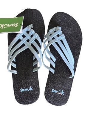 Sanuk Yoga Mat Flip Flops Boho Cage Straps Light Blue Size 5 NWT